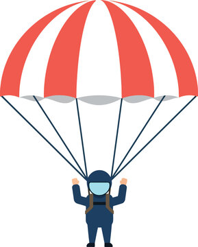 Parachutist with red and white canopy landing vector illustration in flat style 