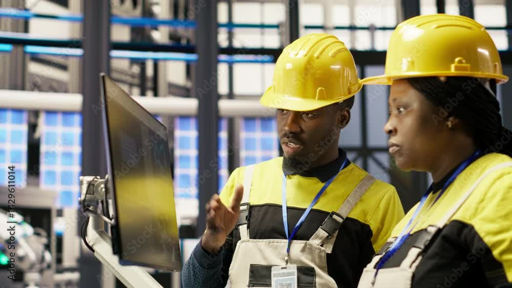 Poster smart factory manager overseeing work done by engineer calibrating high tech machinery and analyzing