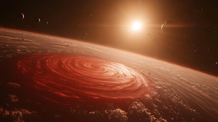 Obraz premium Red swirling storm on alien planet