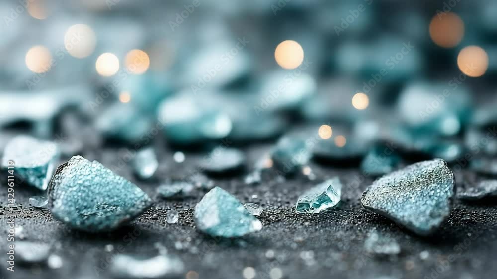 Poster close-up view of scattered blue crystals and small water droplets on a dark surface with blurred bok