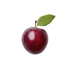 A single, ripe plum with a vibrant, deep red color and a single green leaf. The plum is shown against a plain white background.