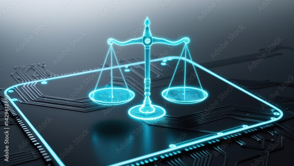 Poster futuristic digital scale with glowing holographic balance and data interface representing technology