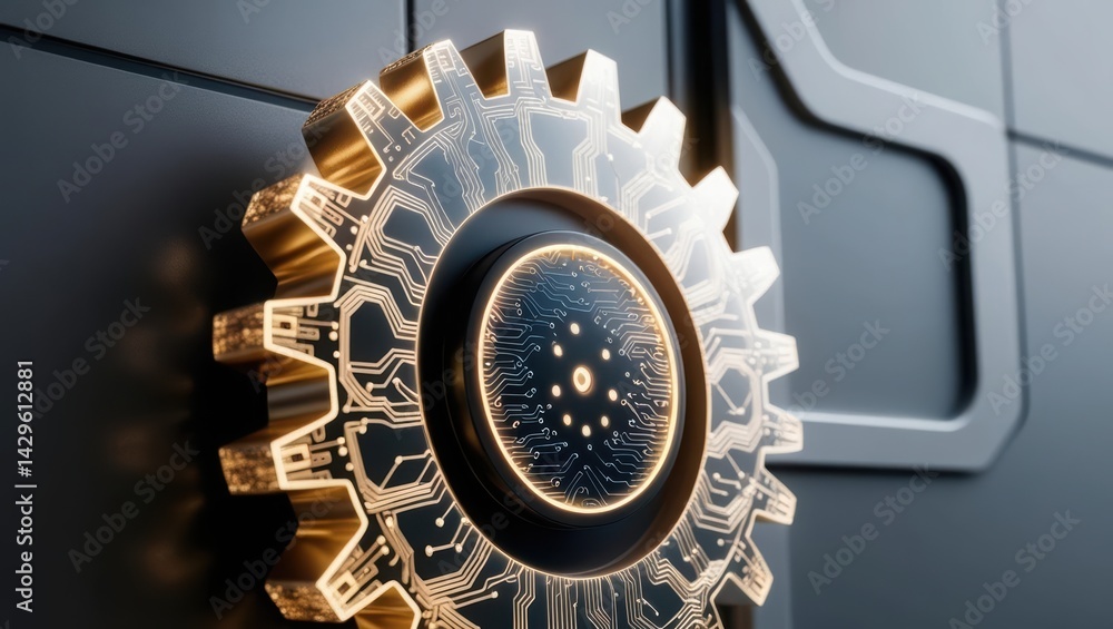 Poster close-up of a futuristic digital gear mechanism with glowing circuits and technological details in a