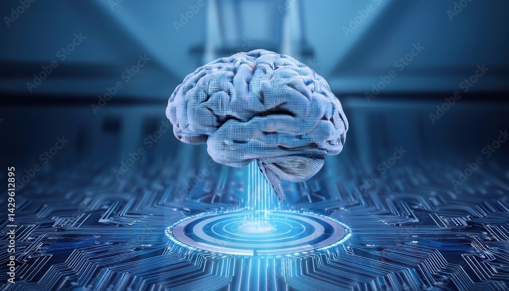 Poster highly detailed illustration of a human brain floating above a futuristic digital platform with tech