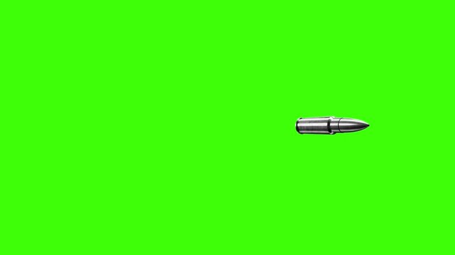 Realistic grey steel bullet flying across the screen in Slow motion, isolated on a green screen for chromakey use