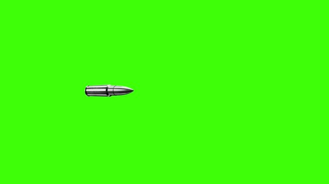 Realistic grey steel bullet flying across the screen in Slow motion, isolated on a green screen for chromakey use