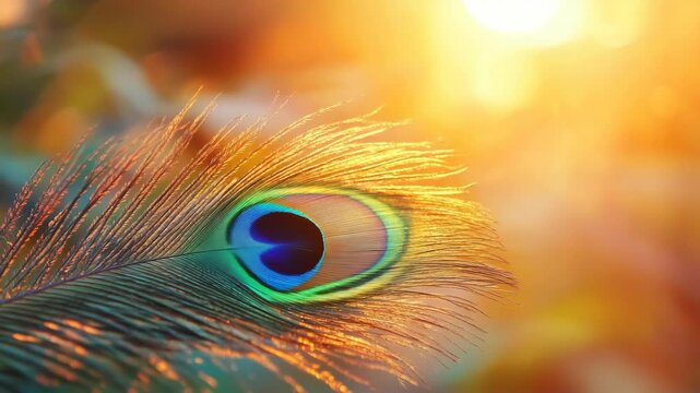 Close-up of iridescent peacock feather with blue eye and golden light creating a soft, warm glow and a vibrant color palette.