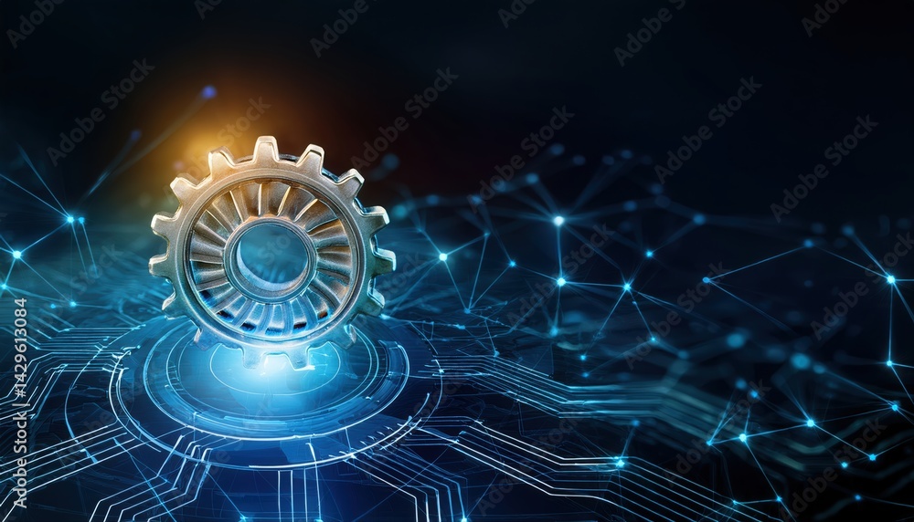 Poster high tech digital gear mechanism glowing illuminated connected network background futuristic technol