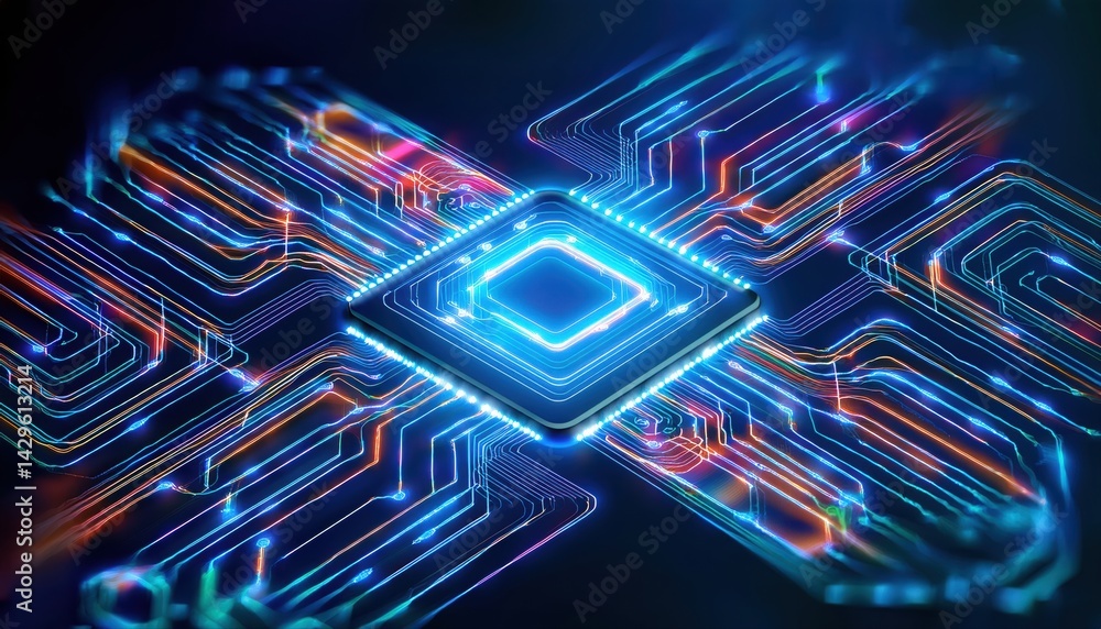 Poster high tech computer chip microprocessor with glowing circuits and electronic components on dark backg