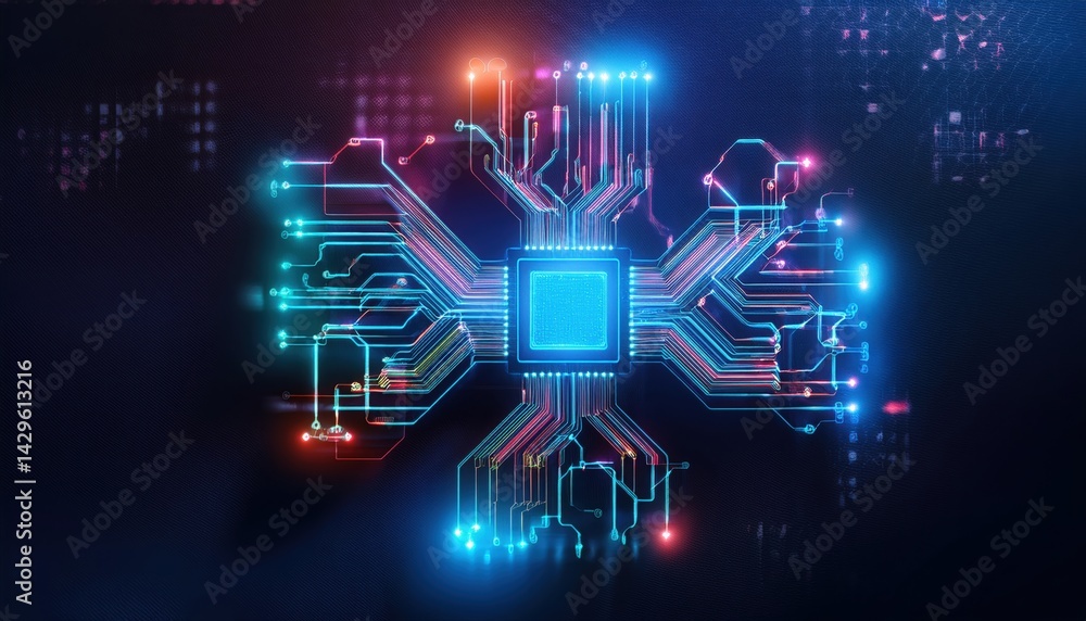 Poster futuristic digital computer chip circuit board representing technology innovation cyber security and