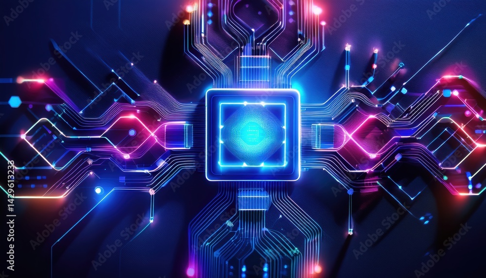 Poster futuristic digital technology concept with glowing circuit board and neon lights representing advanc