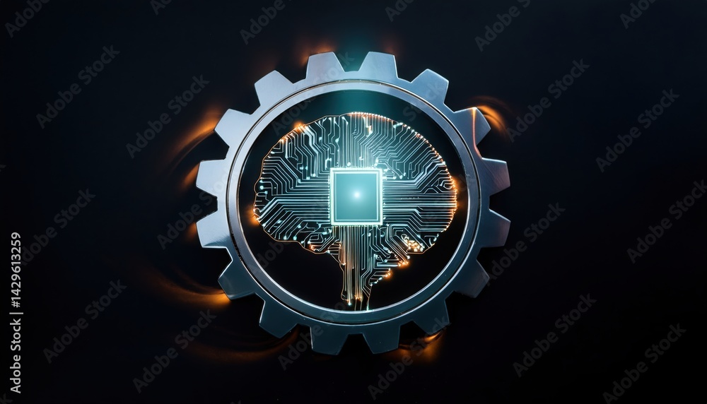 Poster futuristic digital technology concept with interconnected circuit board and microchip within a metal