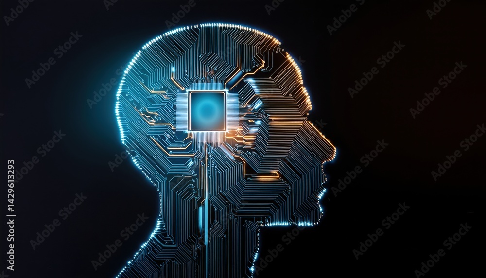 Poster digital artificial ligence concept with glowing circuit board brain and neural network technology in