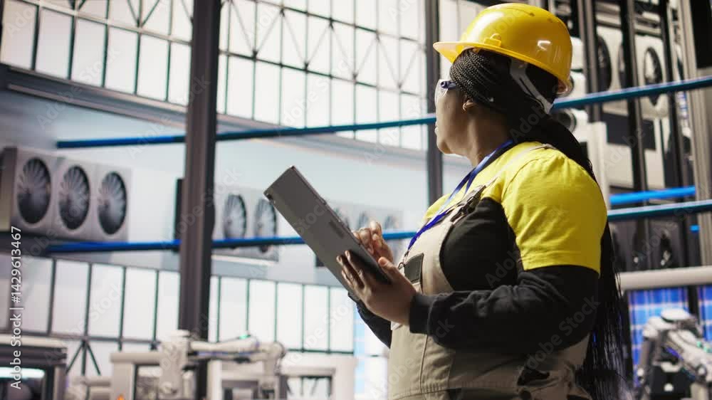 Poster smart factory engineer using tablet to analyze iot sensors data, refining equipment operational effi