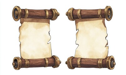 Two antique scrolls, aged parchment, wooden rolls