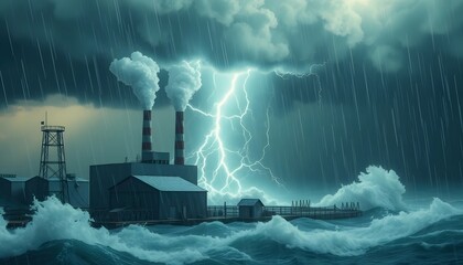 Fototapeta premium Storm Over Factory in Sea with Lightning and Rain