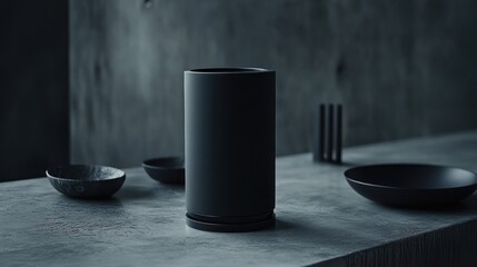 Modern, minimalist black cylinder speaker on a concrete surface.