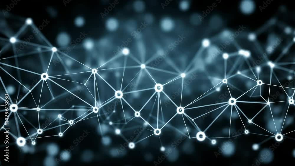 Poster abstract digital network with interconnected nodes and light glowing connections against a dark back