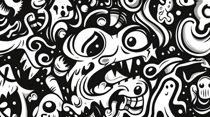 Intricate, abstract, black and white design of grotesque, cartoonish creatures.