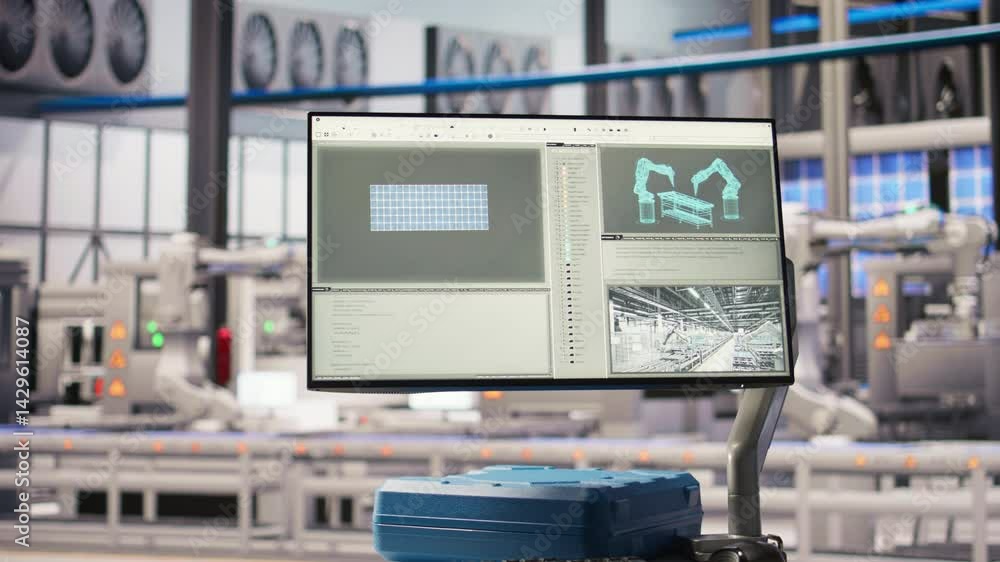 Poster monitor in smart photovoltaics factory analyzing performance data to optimize operations. display in