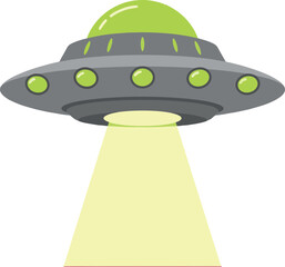 Flying saucer spaceship with green lights and yellow beam vector illustration 
