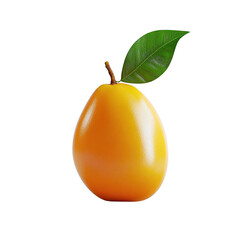 A vibrant pear-shaped fruit with a fresh green leaf