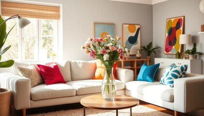 Fototapeta premium Stylish and bright living room interior with colorful art and fresh flowers