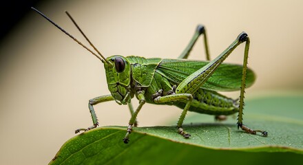 A hyper-detailed macro image of a green leaf grasshopper camouflaged perfectly against a real leaf. Its body texture mimics leaf veins, with subtle color variations.