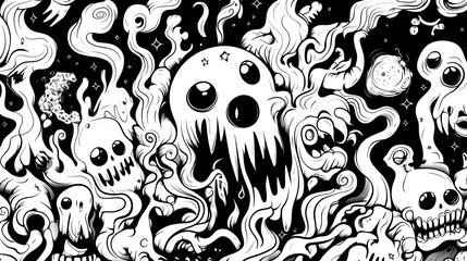 Obraz premium Whimsical, monochrome illustration of ethereal creatures and swirling patterns.