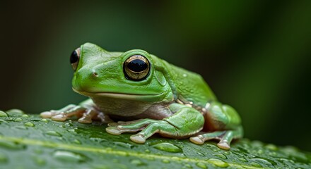 Naklejka premium A close-up macro image of a bright green tree frog resting on a wet tropical leaf. Its moist skin glistens, showing fine pores and natural color gradients.