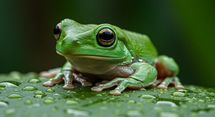 Naklejka premium A close-up macro image of a bright green tree frog resting on a wet tropical leaf. Its moist skin glistens, showing fine pores and natural color gradients.