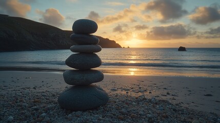 Stone tower on beach at sunset