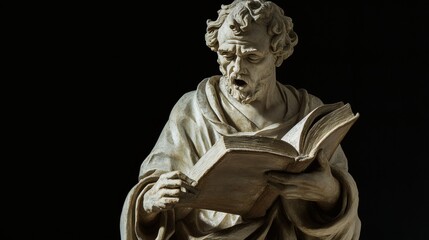 Obraz premium A marble statue of a man reading an open book with a look of intense concentration. The intricate details of the sculpture capture the emotion on his face.