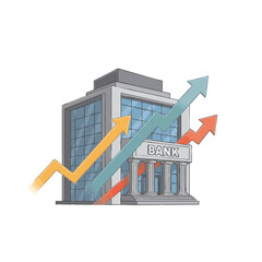 Illustration of a modern bank building with upwardtrending arrows, symbolizing financial growth, success, and economic prosperity