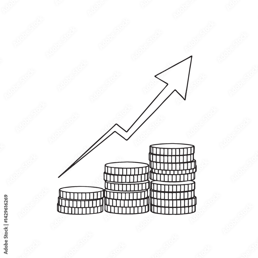 Poster line drawing of three coin stacks increasing in size, topped by an upwardpointing arrow