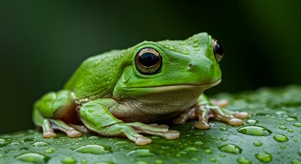 Naklejka premium A close-up macro image of a bright green tree frog resting on a wet tropical leaf. Its moist skin glistens, showing fine pores and natural color gradients.