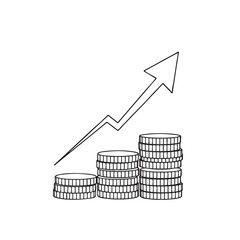 Line drawing of three coin stacks increasing in size, topped by an upwardpointing arrow