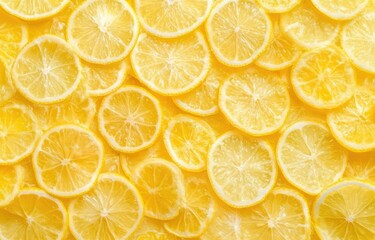Vibrant and refreshing background composed entirely of fresh lemon slices arranged in a visually striking pattern, perfect for web banners, advertising, or digital design projects with ample copy spac