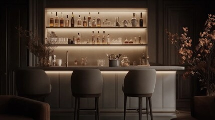 Elegant, dimly lit home bar showcasing a sophisticated design.