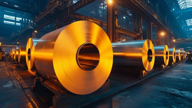 Industrial scene featuring rows of freshly manufactured metal coils in a steel mill with overhead cranes and complex infrastructure