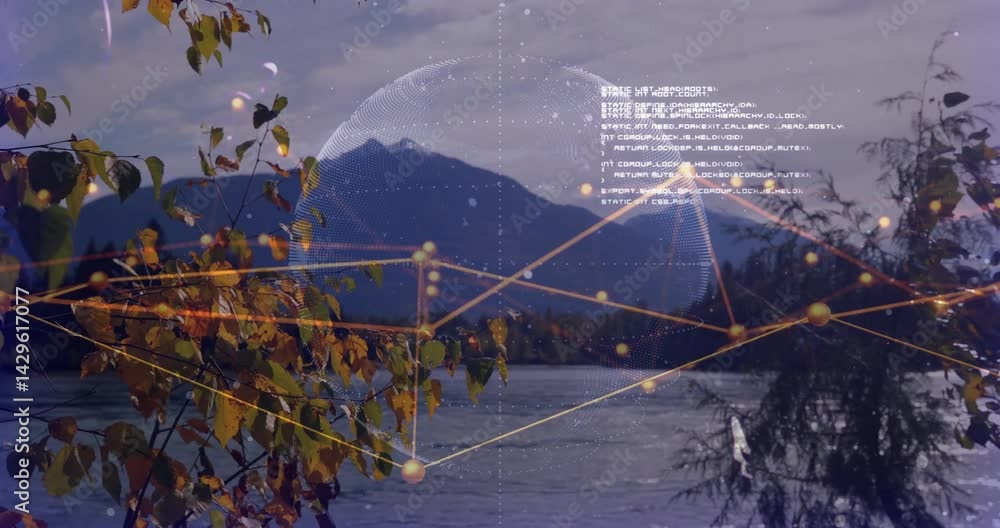 Poster semi-transparent dotted globe floating above lake, golden network lines and code snippets drifting