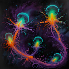 Atomic-age surrealism style of human earth sky animal