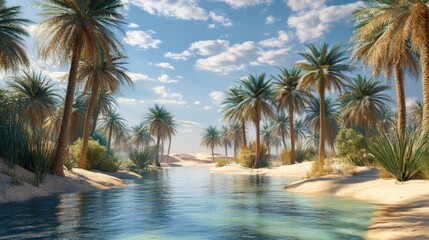 Naklejka premium Tranquil oasis with palm trees and a flowing stream in a desert landscape. Sunlight illuminates the lush greenery and clear water.
