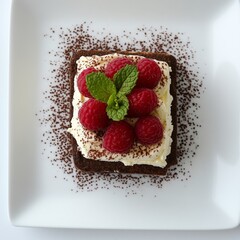 Square chocolate cake topped with whipped cream and raspberries
