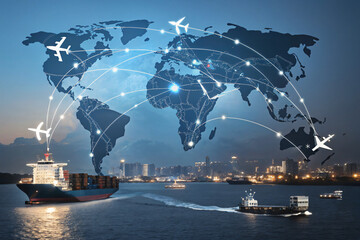 Digital world map overlay with glowing lines and moving icons of planes, ships, and trucks, visualizing the concept of global connections and transportation networks