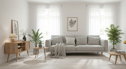 Modern living room interior design with sofa, plants, and wooden furniture, featuring natural light and minimalist decor