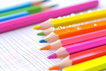 Fototapeta premium Colorful Pencils on Grid Paper Back to School Art Supplies