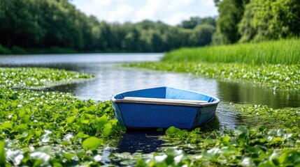 Obraz premium Tranquil blue boat on calm river, surrounded by vibrant aquatic plants. Calm waters reflecting lush greenery. Sunny day, peaceful scene