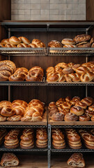 A cozy German bakery with fresh pretzels, rye bread, and pastries displayed on wooden shelves.


