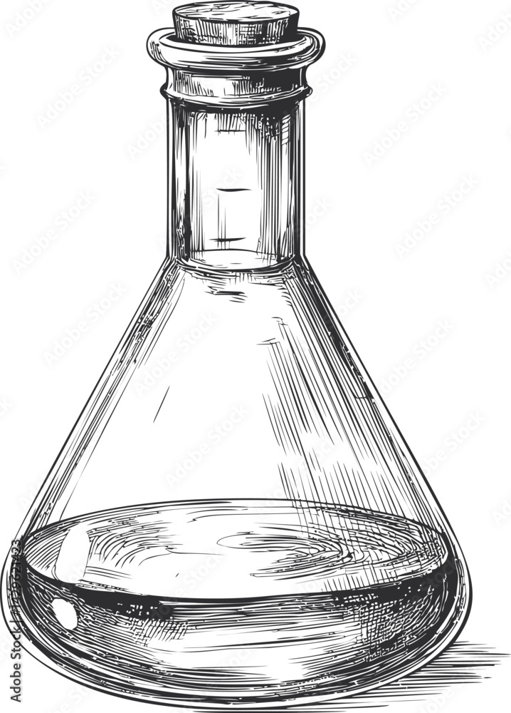 Aufkleber illustration of an empty erlenmeyer flask with detailed cross-hatching sketch. vector illustration